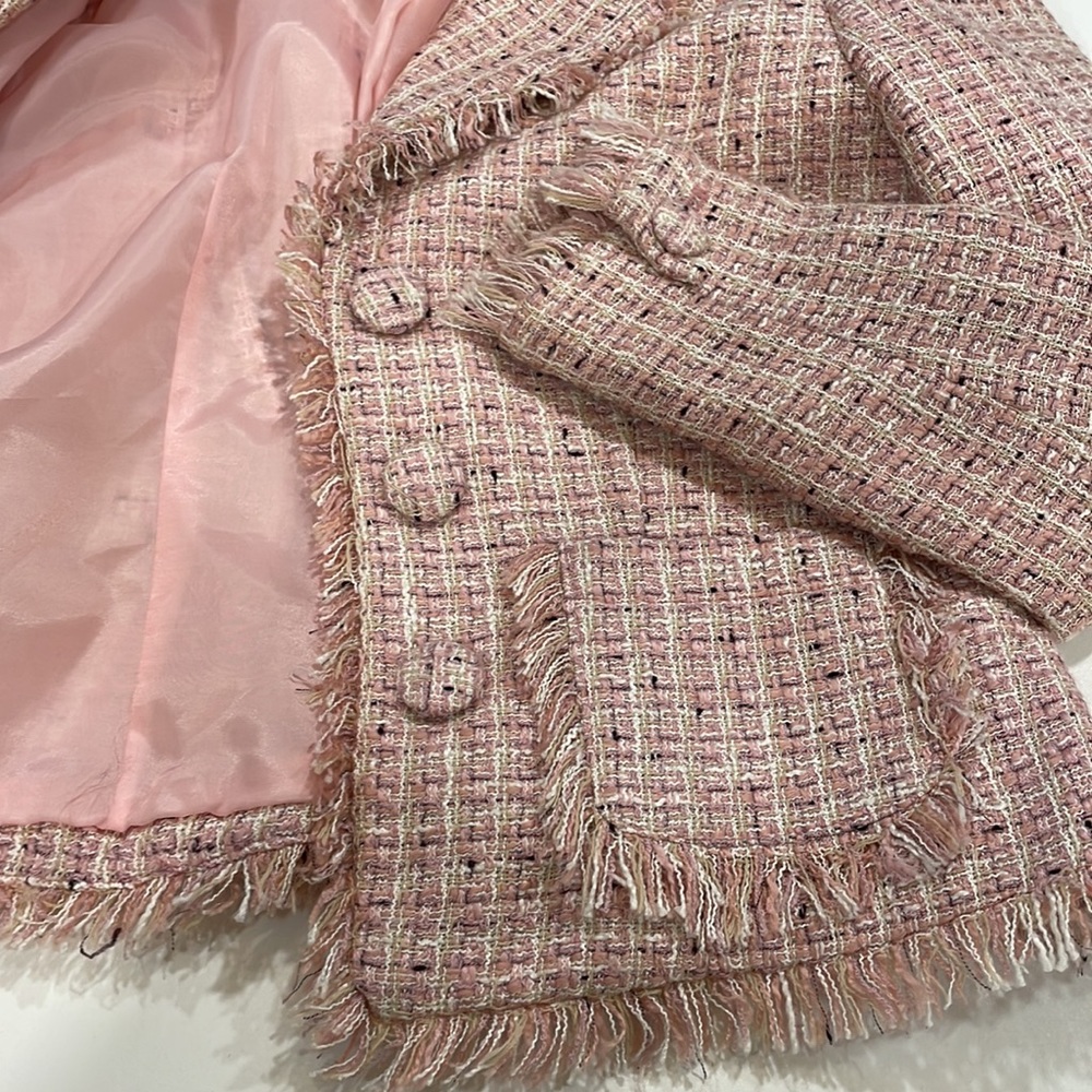 Thalia Sodi Pink Tweed Jacket Fringe Trim | Chanel Style | Size M | Chic Blazer - Picture 4 of 8
